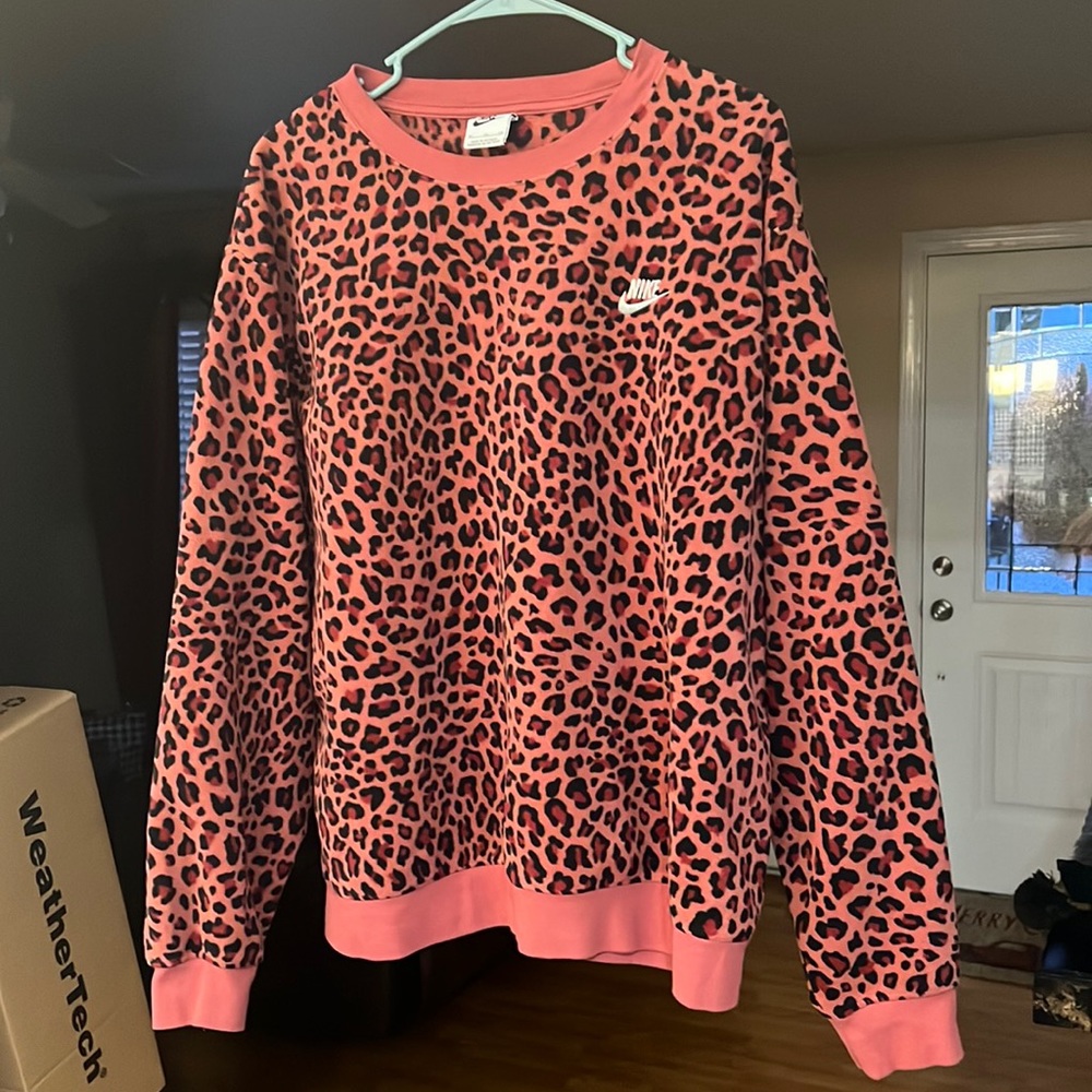 Nike pink and black cheetah print fleece sweatshirt. Size XL